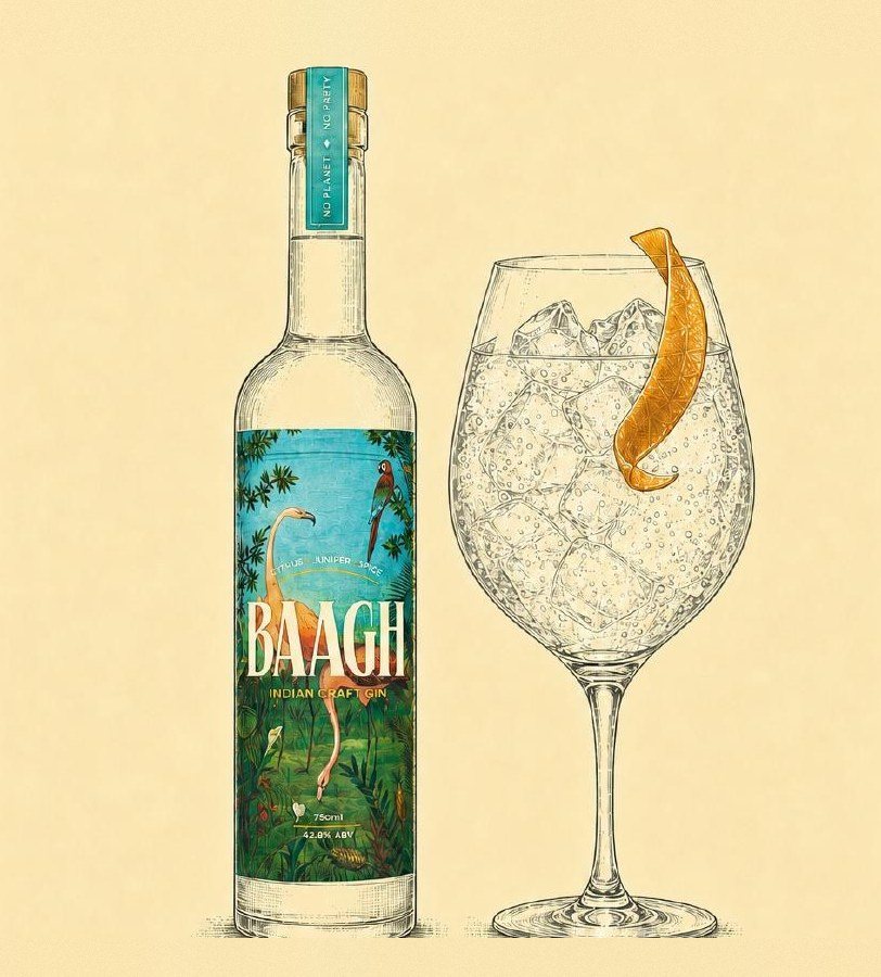 Illustration of a Baagh bottle beside a Baagh & Tonic with an orange twist