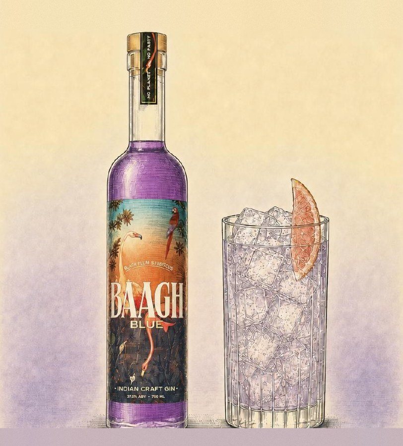Illustration of a Baagh Blue bottle beside a lilac Baagh Blue & Tonic