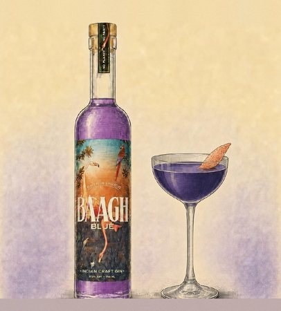 Illustration of a Baagh Blue bottle beside a deep indigo Blue F