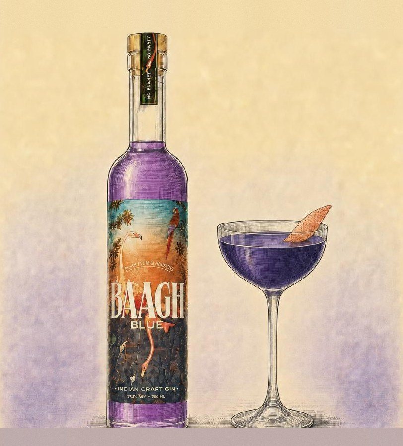 Illustration of a Baagh Blue bottle beside a deep indigo Blue F