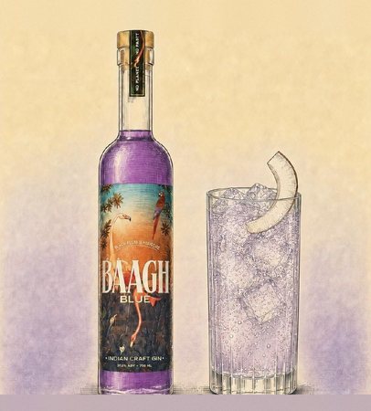 Illustration of a Baagh Blue bottle beside a Coconut Coast highball