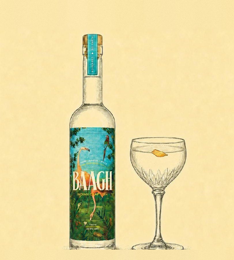 Illustration of a Baagh bottle beside a Garden Martini in a coupe