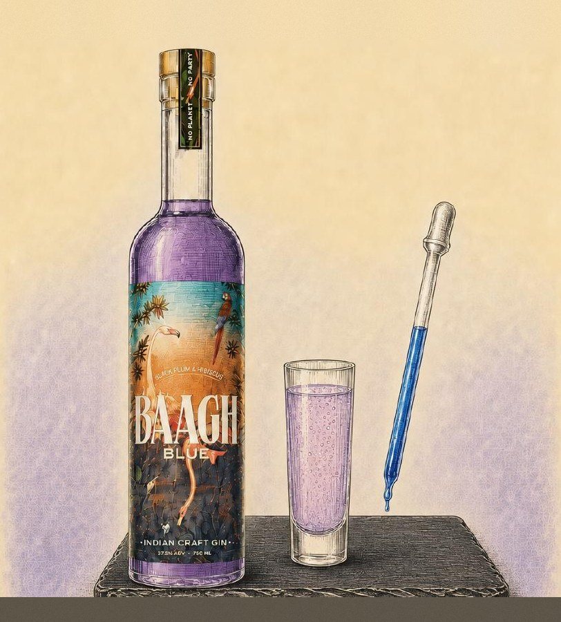 Illustration of a Baagh Blue bottle beside a Jamun Tongue shot and dropper