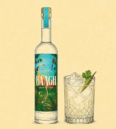 Illustration of a Baagh bottle beside an Uzo with a green chilli